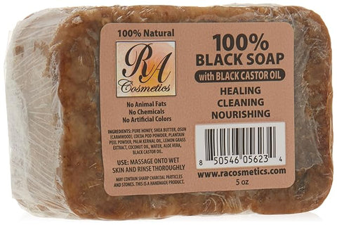 RA Cosmetics 100% Natural African Black Soap Bar with Black Castor Oil (5 oz)