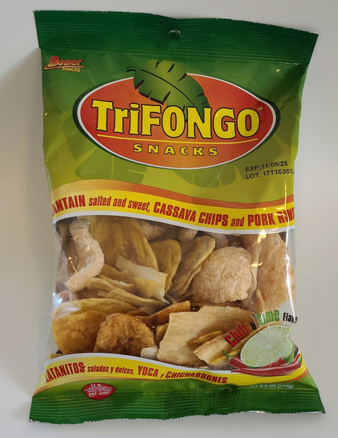 Trifongo Plantain Chips salted and sweet, Cassava Chips,
and Pork Rinds (4 oz)